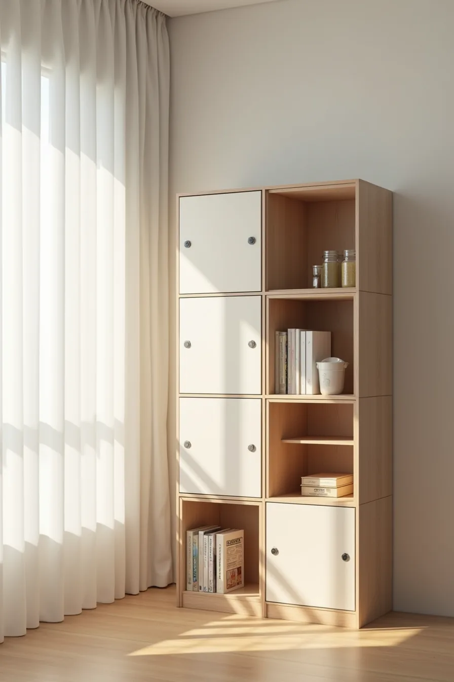 Stacked modular cabinet boxes with sliding doors, showing closed upper compartments and open lower shelves with packaged