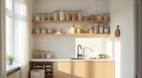 Studio kitchenette wall with open shelves, clear containers, adhesive hooks holding baskets, and a rolling cart in the