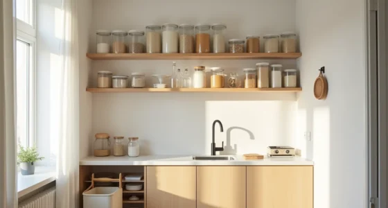 Studio kitchenette wall with open shelves, clear containers, adhesive hooks holding baskets, and a rolling cart in the