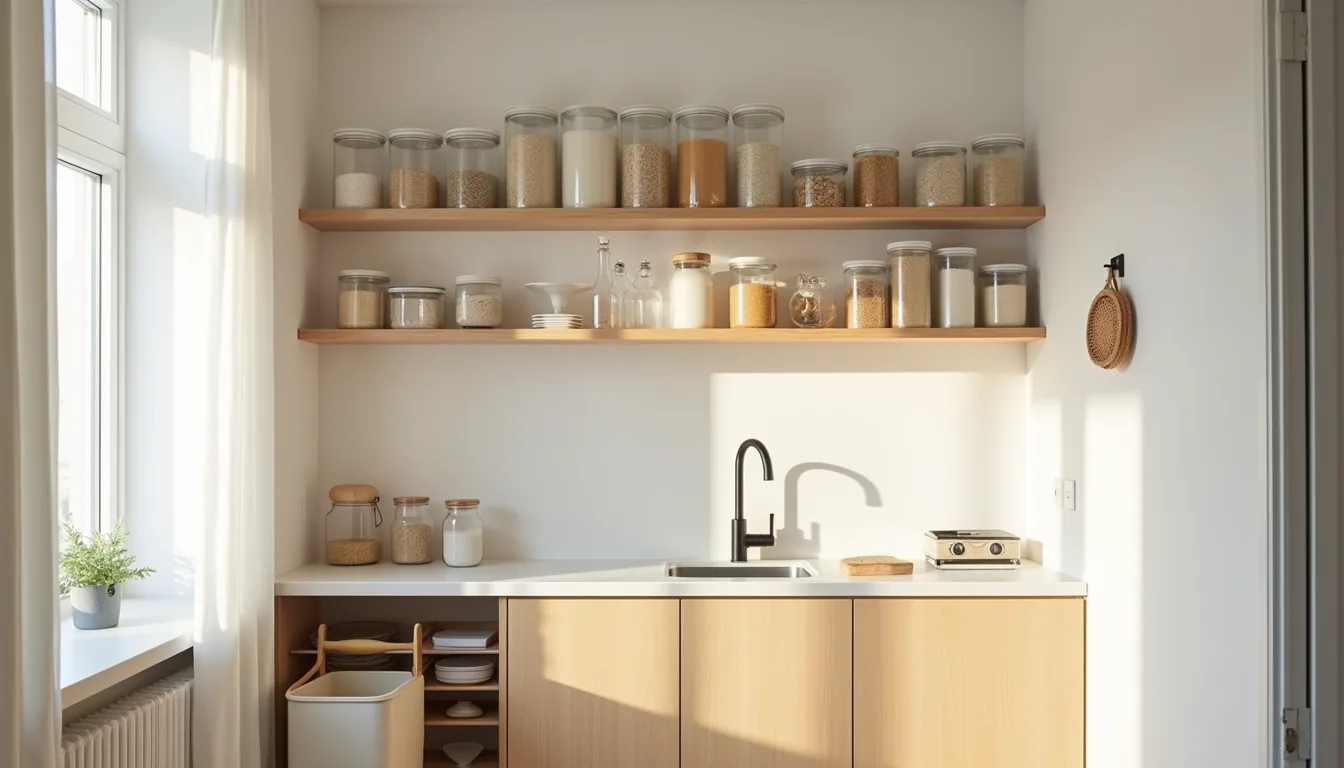 Studio kitchenette wall with open shelves, clear containers, adhesive hooks holding baskets, and a rolling cart in the