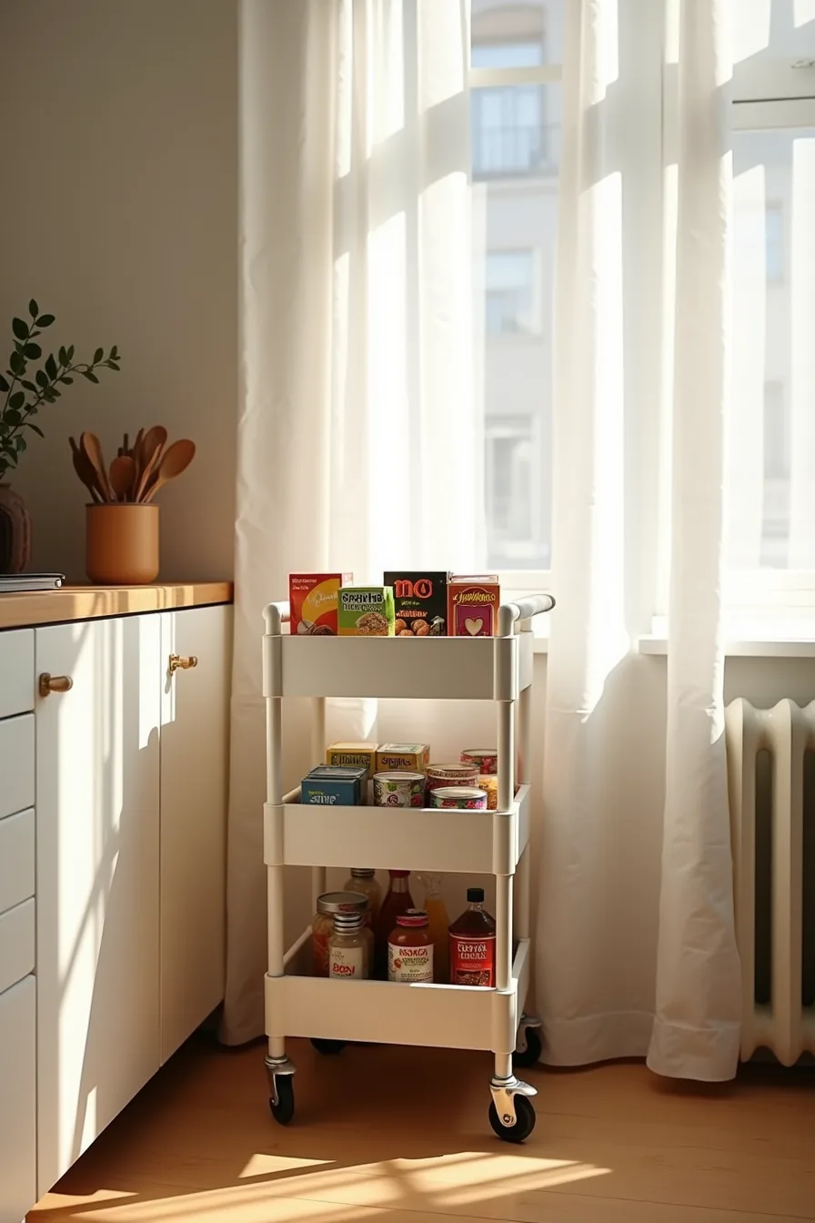 Three-tier rolling cart with locking wheels holding snacks, canned goods, and bottles in a kitchen corner.