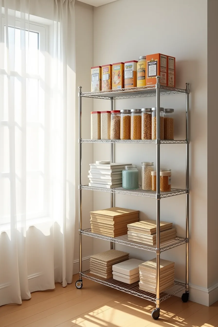 Four-tier wire shelving unit with cereal boxes, stacked containers, and canned goods arranged by level.