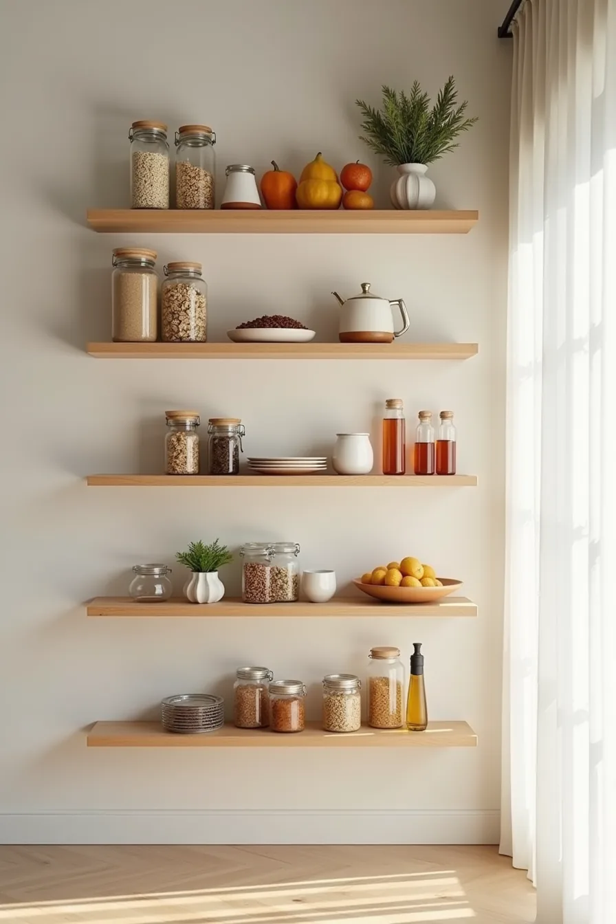 Six-shelf wall storage organized by zones: breakfast items, baking supplies, canned goods, and snacks on separate shelves.