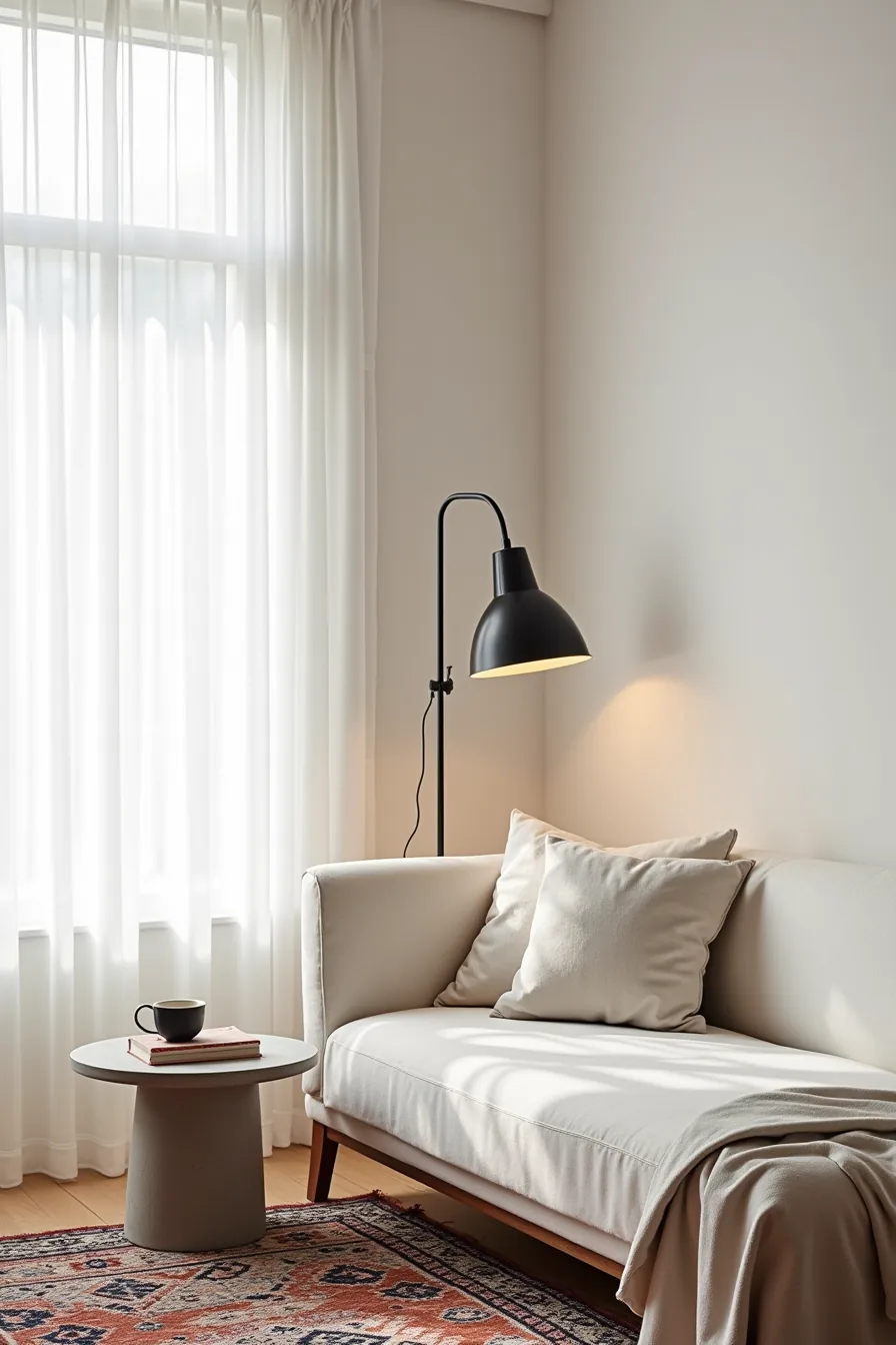 Living room corner with navy, terracotta, and ivory geometric Arabic rug anchoring a black lamp, white sofa, and concrete