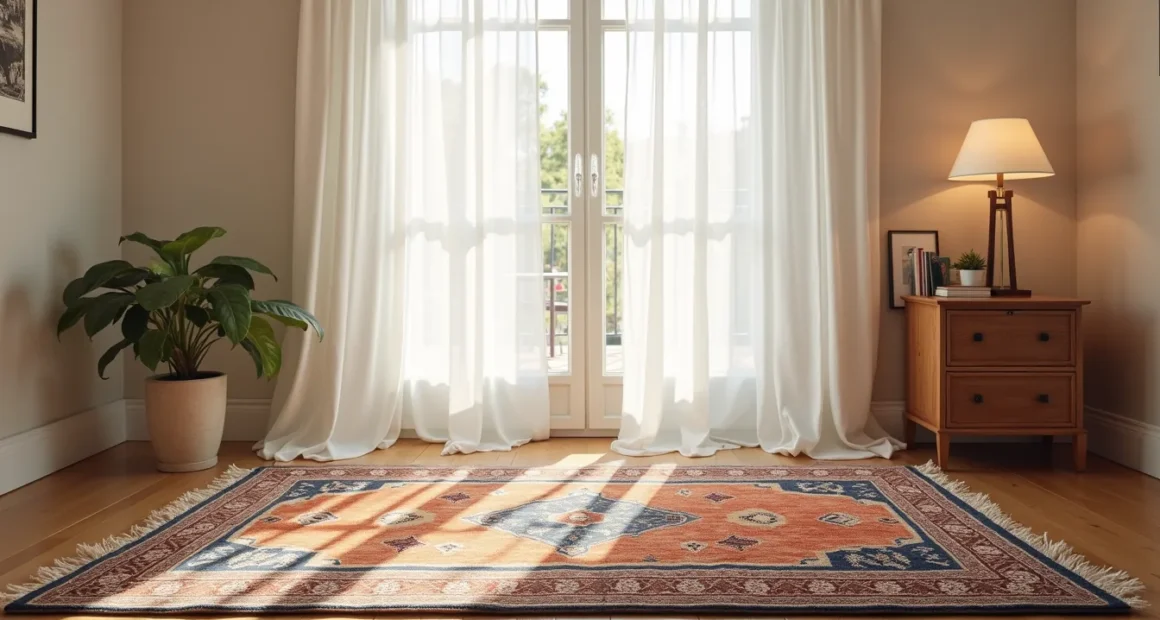 Overhead view of a deep indigo Arabic rug with rust and cream medallion pattern, window shadow crossing its surface.
