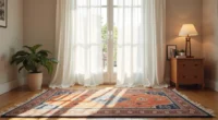 Overhead view of a deep indigo Arabic rug with rust and cream medallion pattern, window shadow crossing its surface.