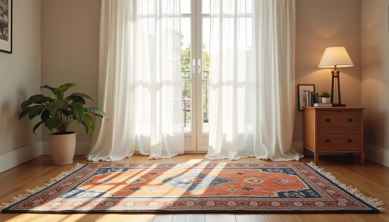 Overhead view of a deep indigo Arabic rug with rust and cream medallion pattern, window shadow crossing its surface.
