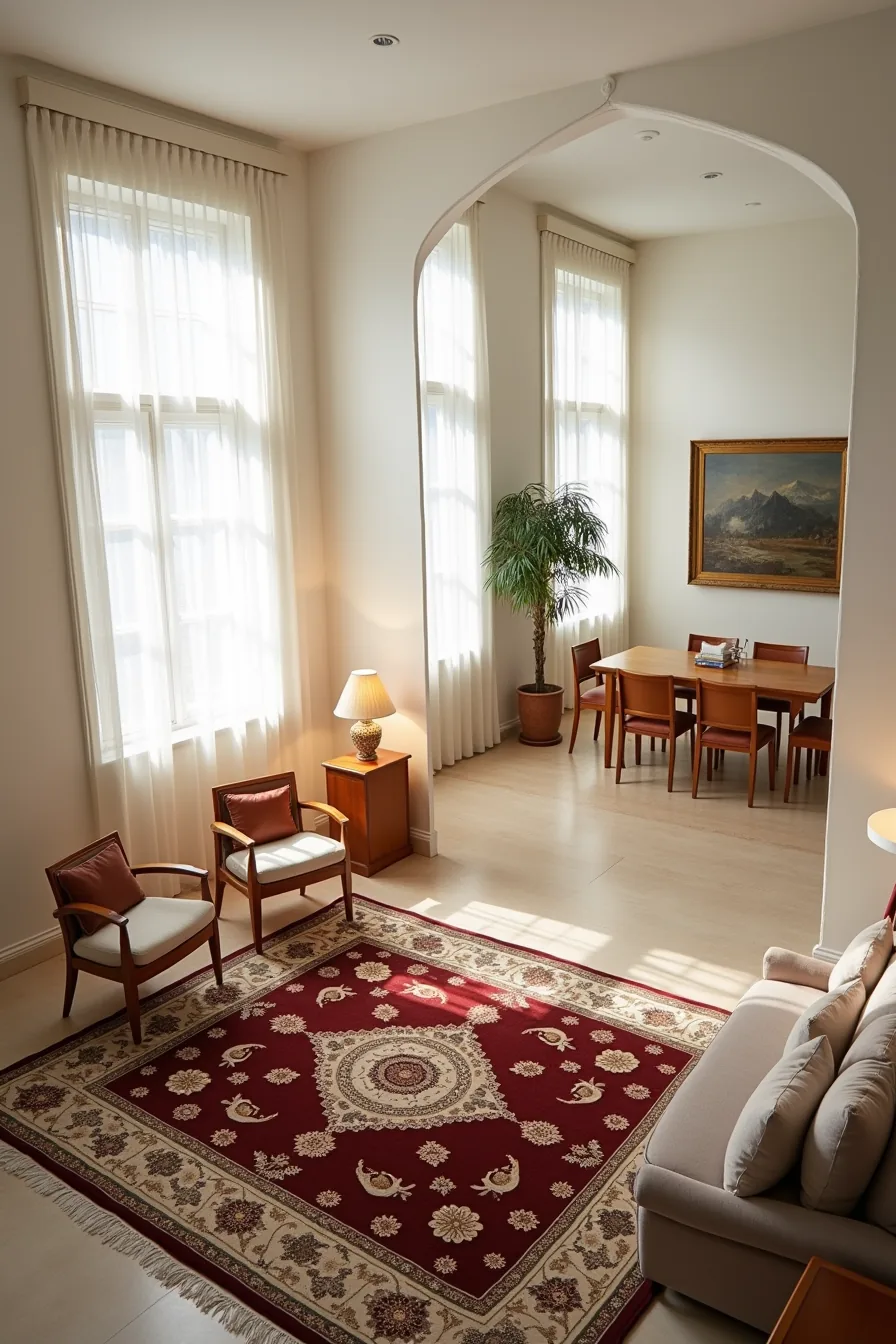Overhead view of a burgundy, gold, and ivory medallion Arabic rug defining a conversation area with sofa and chairs.