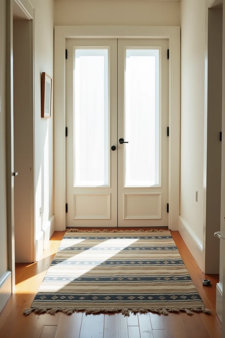 Entryway with navy and cream striped Arabic runner extending down hallway, with measuring tape showing scale against doorway.
