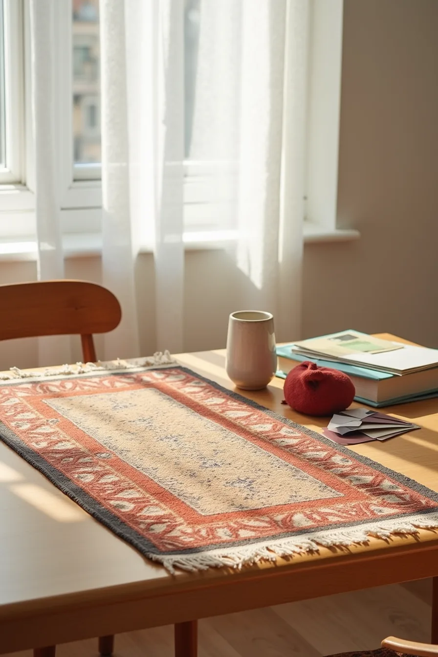 Flat lay showing rust and cream Arabic rug swatch with coordinating paint chips, fabric swatches, and ceramic object on wood.