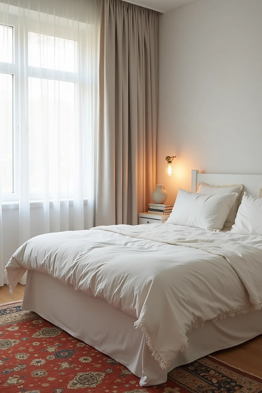 Bedroom with pale gray walls showing a warm terracotta, gold, and cream Arabic rug at the foot of a white bed.