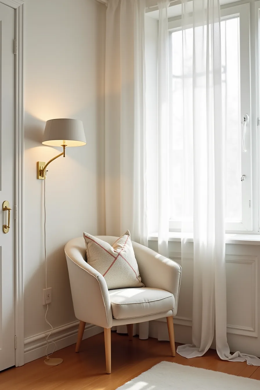 Barrel chair tucked into a corner with a geometric throw pillow, surrounded by white walls and hardwood flooring.