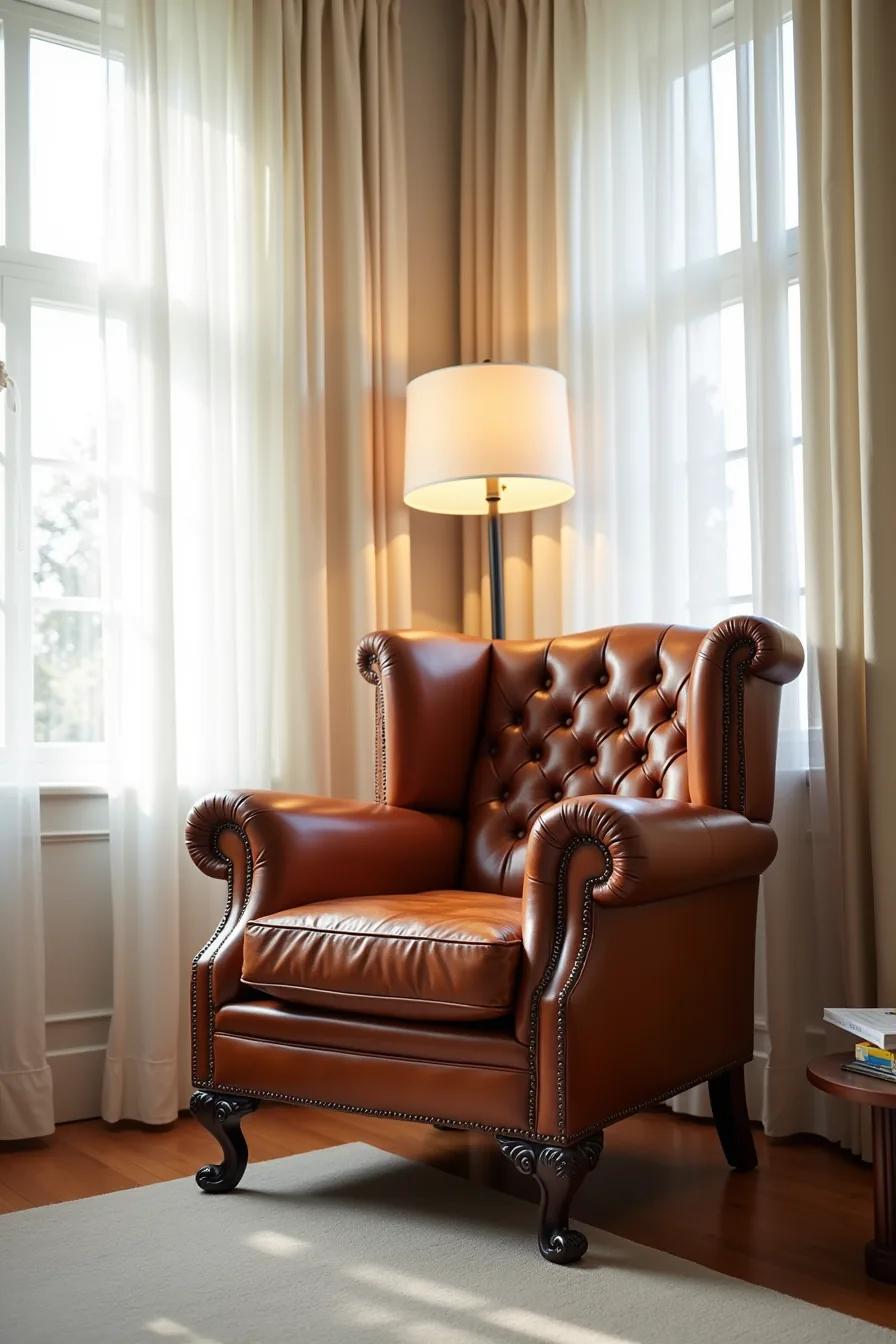 Cognac leather Chesterfield with button tufting and ornate wooden legs positioned in a corner near a softly lit window.
