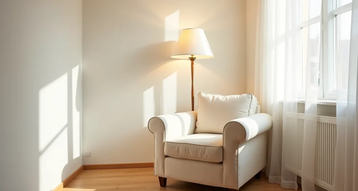 Cream linen armchair with rolled arms sits diagonally in a sunlit corner, casting soft shadows on the pale wall.