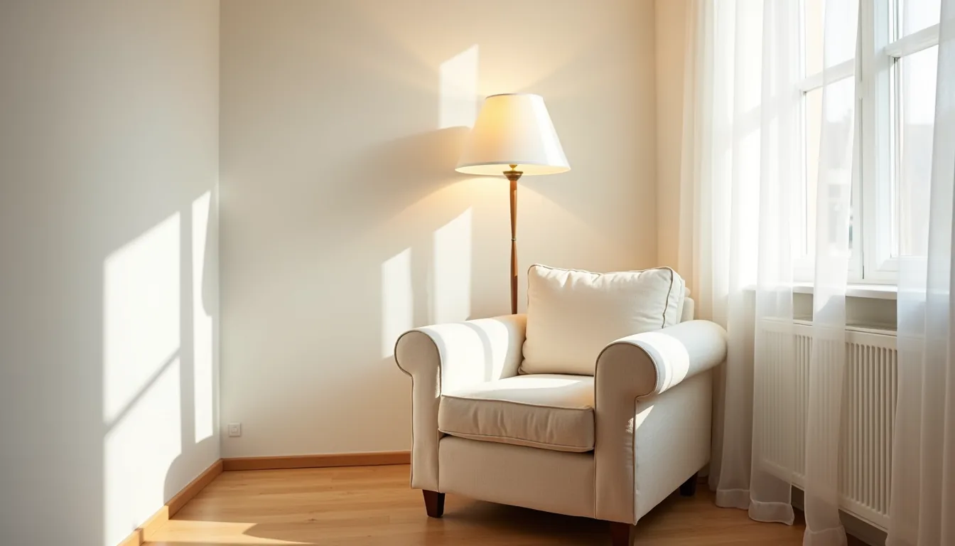 Cream linen armchair with rolled arms sits diagonally in a sunlit corner, casting soft shadows on the pale wall.