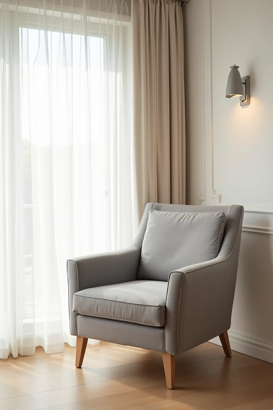 Gray polyester armchair with wooden legs and clean lines positioned against a neutral bedroom wall.