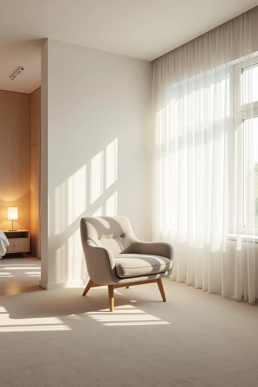 Modern armchair centered in an open bedroom with neutral carpet and ample floor space surrounding it.