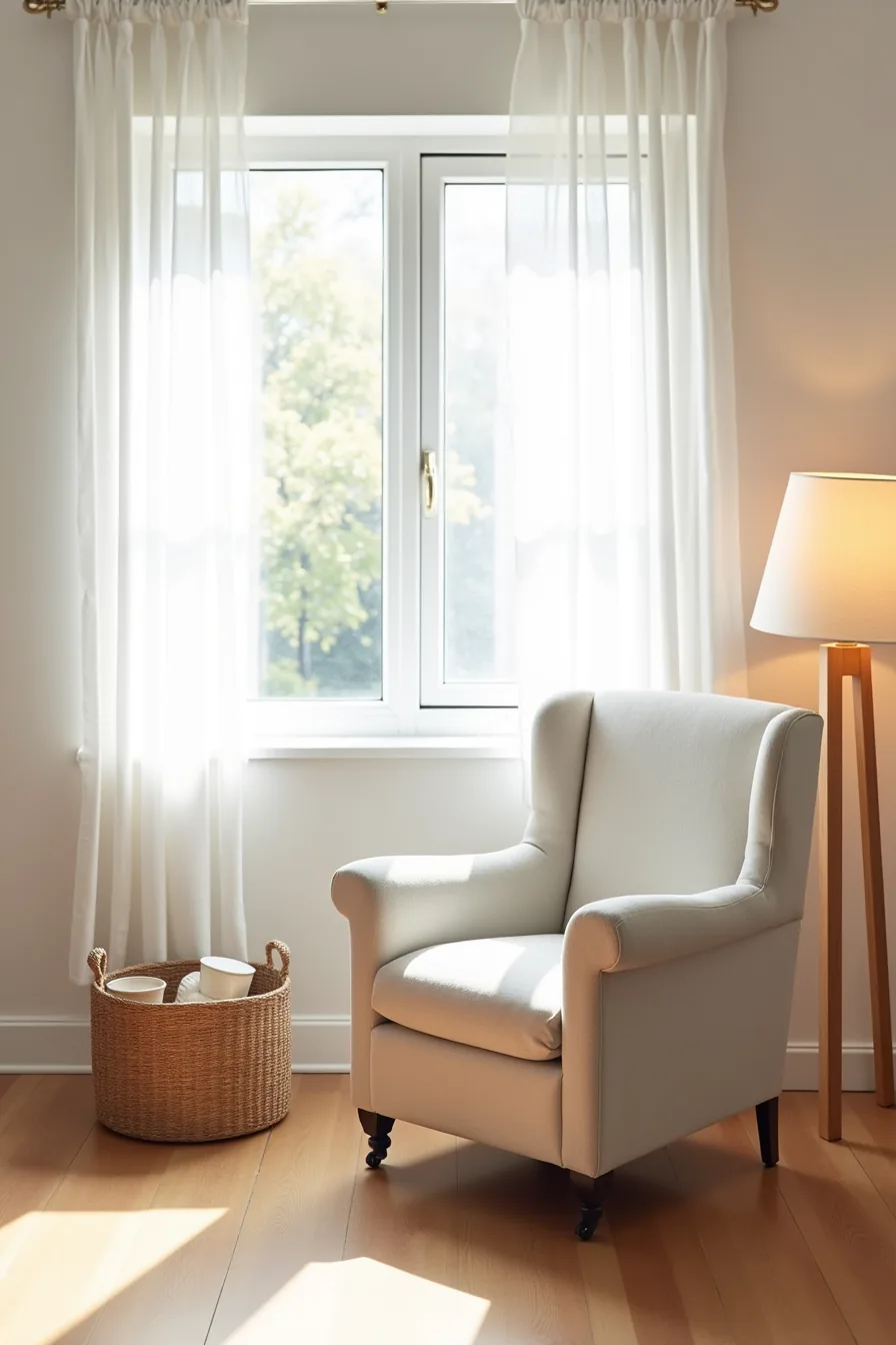 Wheeled accent chair with linen slipcover and adjacent storage basket positioned freely in the bedroom center.