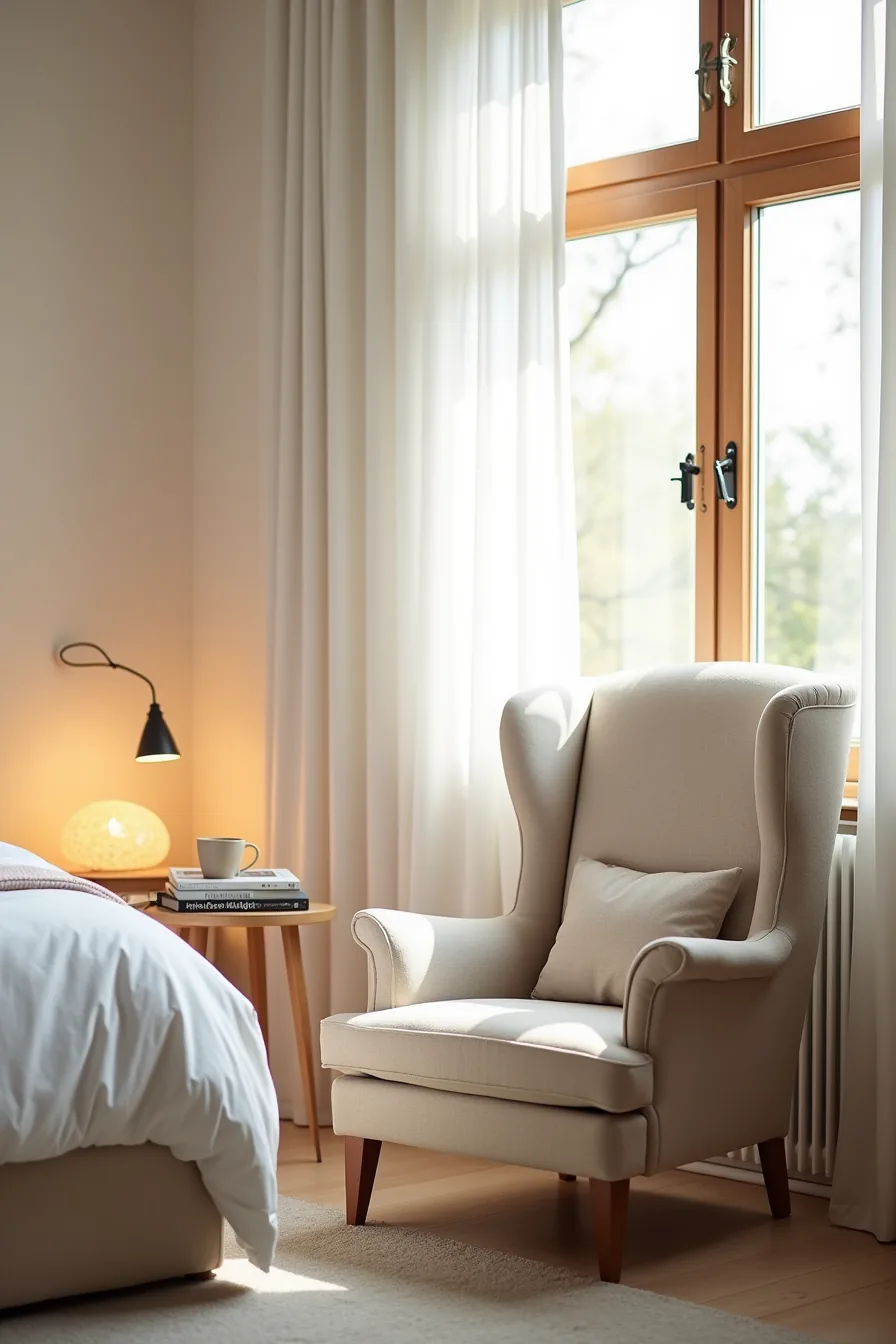 Wingback chair positioned by a large window with a round side table holding a ceramic mug nearby.