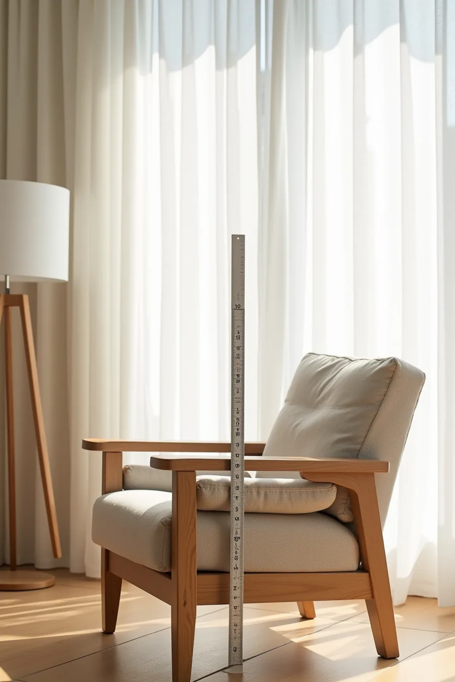 Armchair shown from side with vertical ruler against arm and visible seat cushion demonstrating arm height relative to