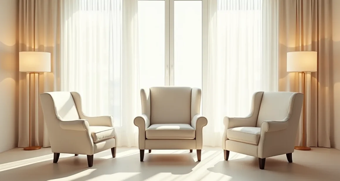 Three armchair designs shown from above: curved rolled arms, angular club arms, and modern flat arms.