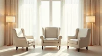 Three armchair designs shown from above: curved rolled arms, angular club arms, and modern flat arms.