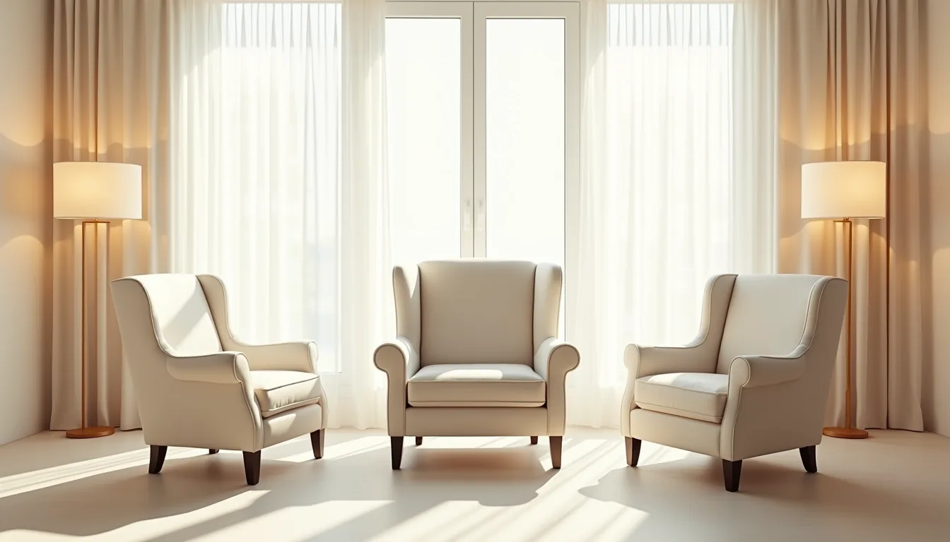 Three armchair designs shown from above: curved rolled arms, angular club arms, and modern flat arms.