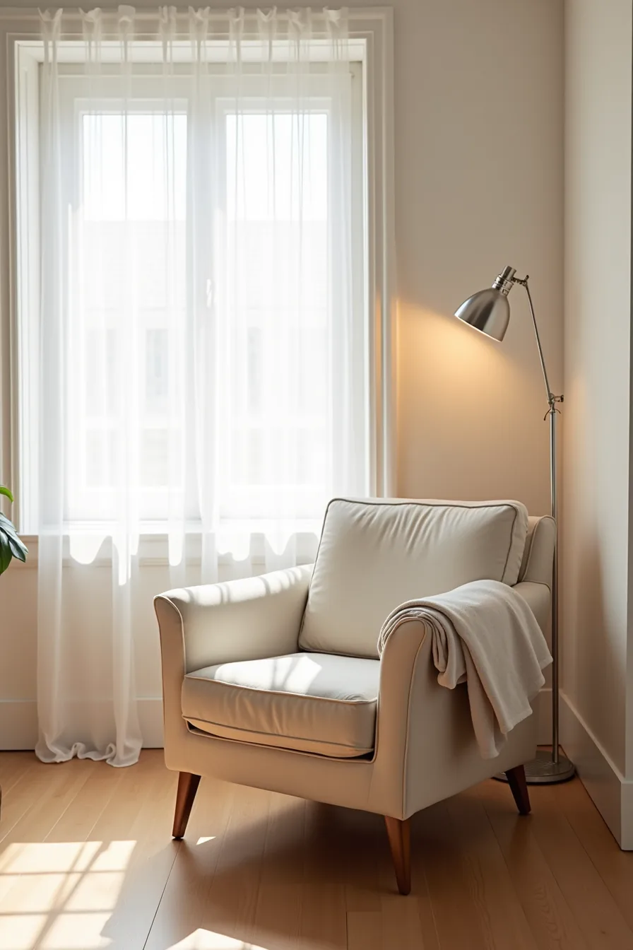 Armchair by window in natural light with cleaning cloth and fabric swatch on arm, revealing upholstery texture and material