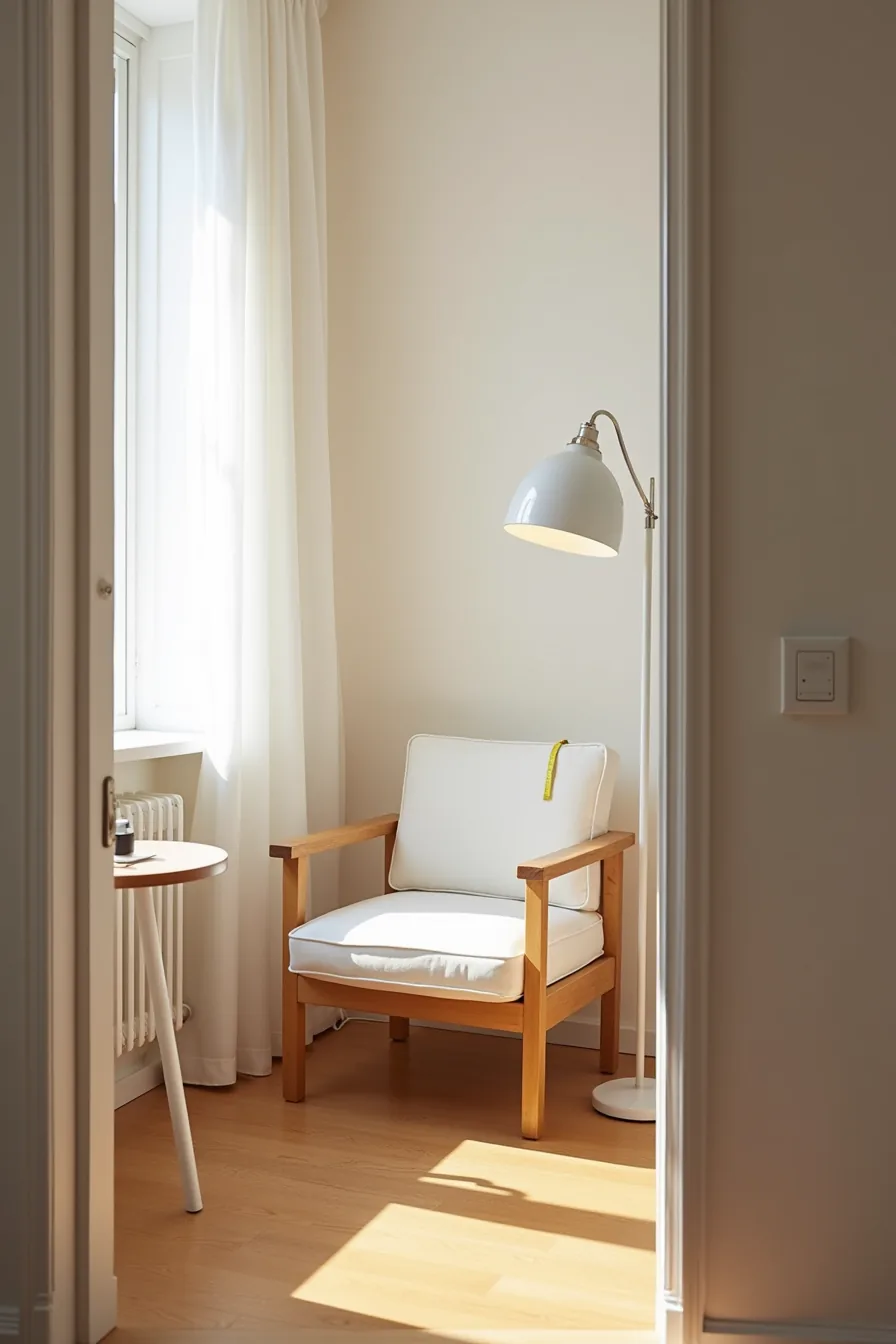 Compact armchair in room corner with side table and lamp, tape measure across seat showing how furniture fits without