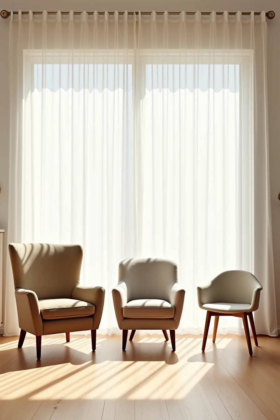 Three armchairs displayed front-on showing wingback with tall enclosed back, barrel club chair, and modern low-back chair