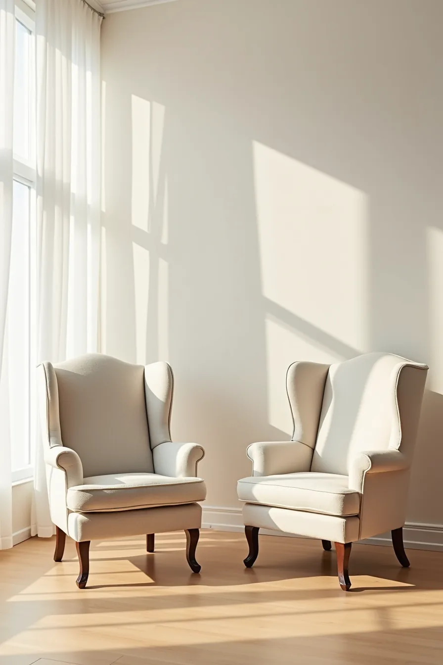 Wingback chair with curved arms beside mid-century chair with angular arms, both angled to show arm geometry against a wall.