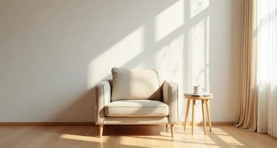 Centered upholstered armchair with side table and mug on hardwood floor, viewed from above.