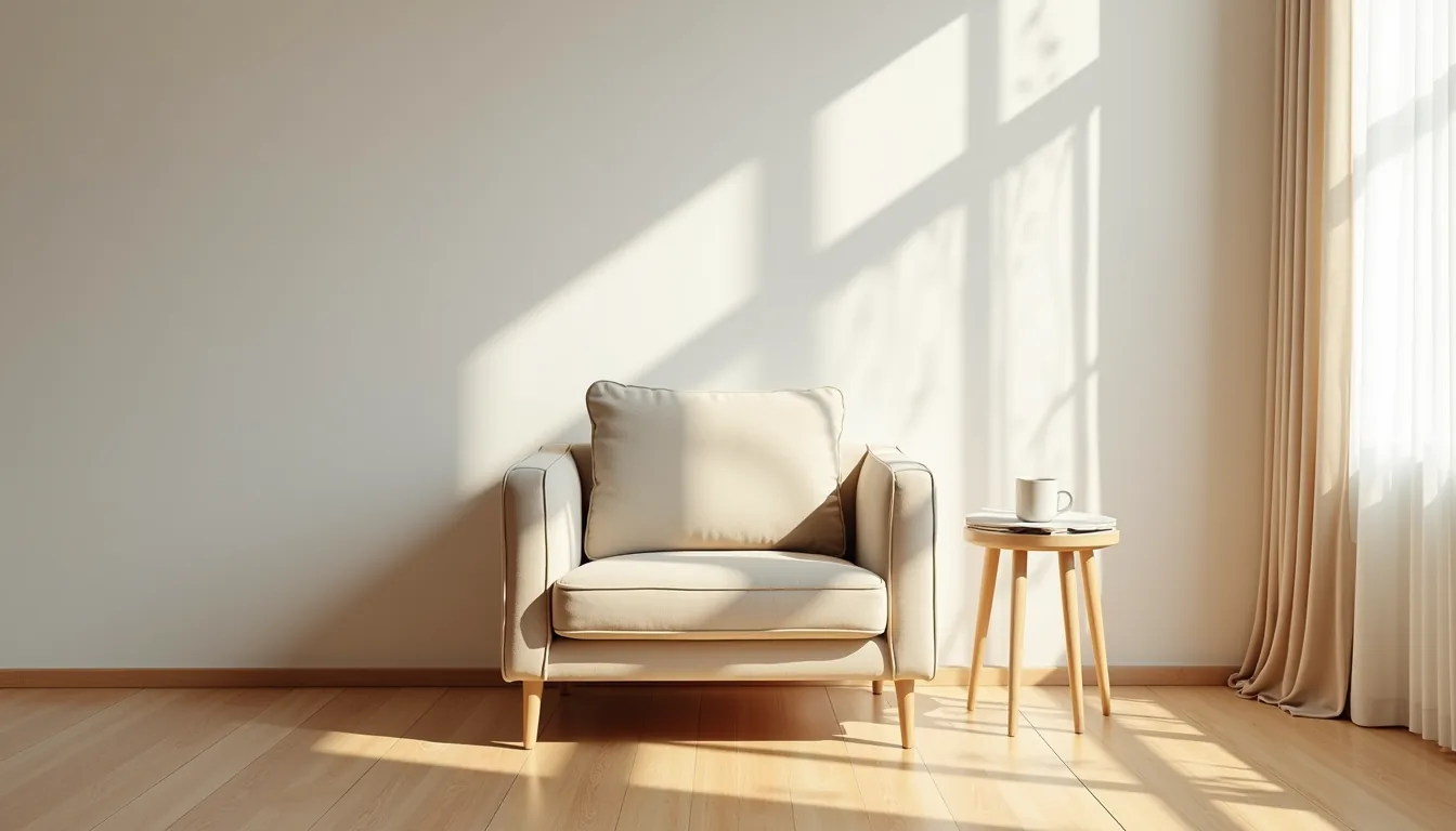 Centered upholstered armchair with side table and mug on hardwood floor, viewed from above.