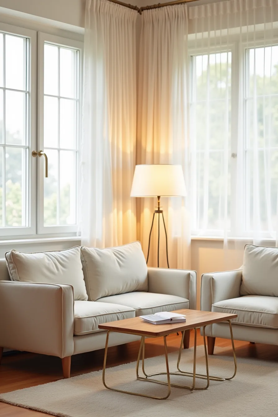 Sofa and armchair arranged perpendicular with coffee table between them on an area rug.