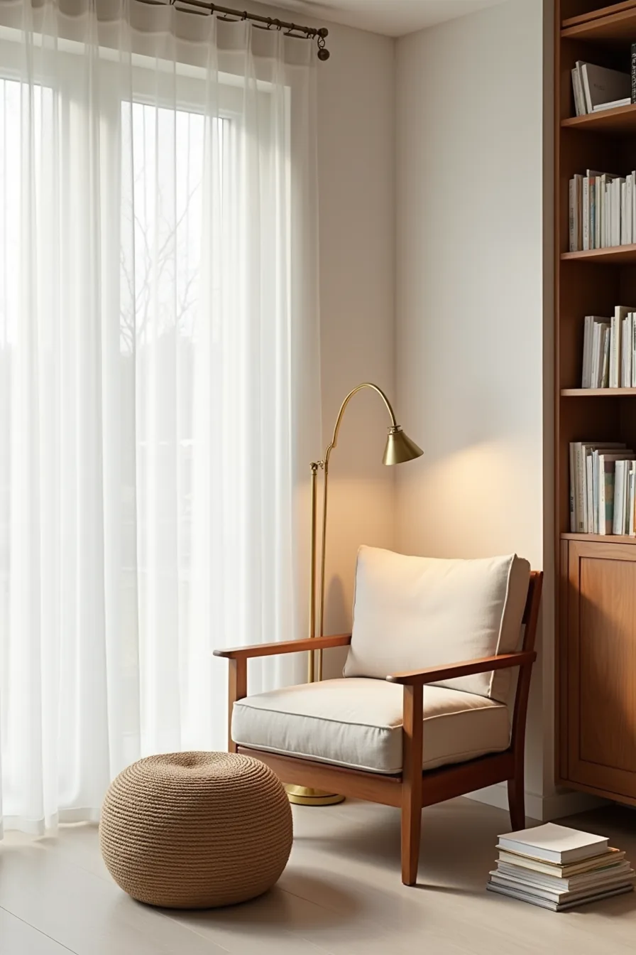 Low armchair facing bookshelf with arc lamp, ottoman, and stacked books in corner nook.