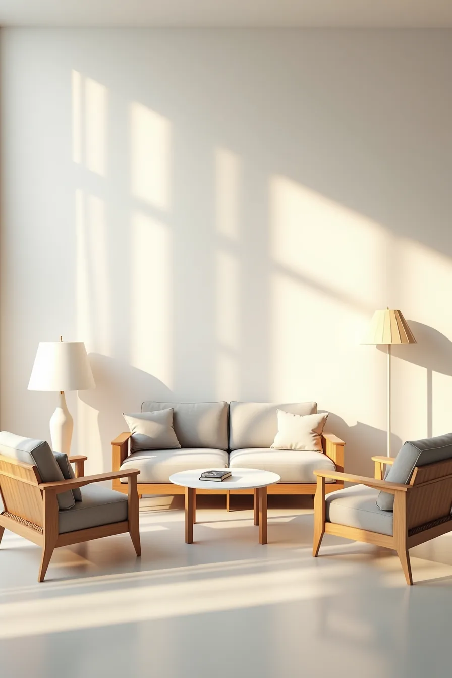 Sofa centered with two angled armchairs and round table in symmetrical arrangement on light floor.