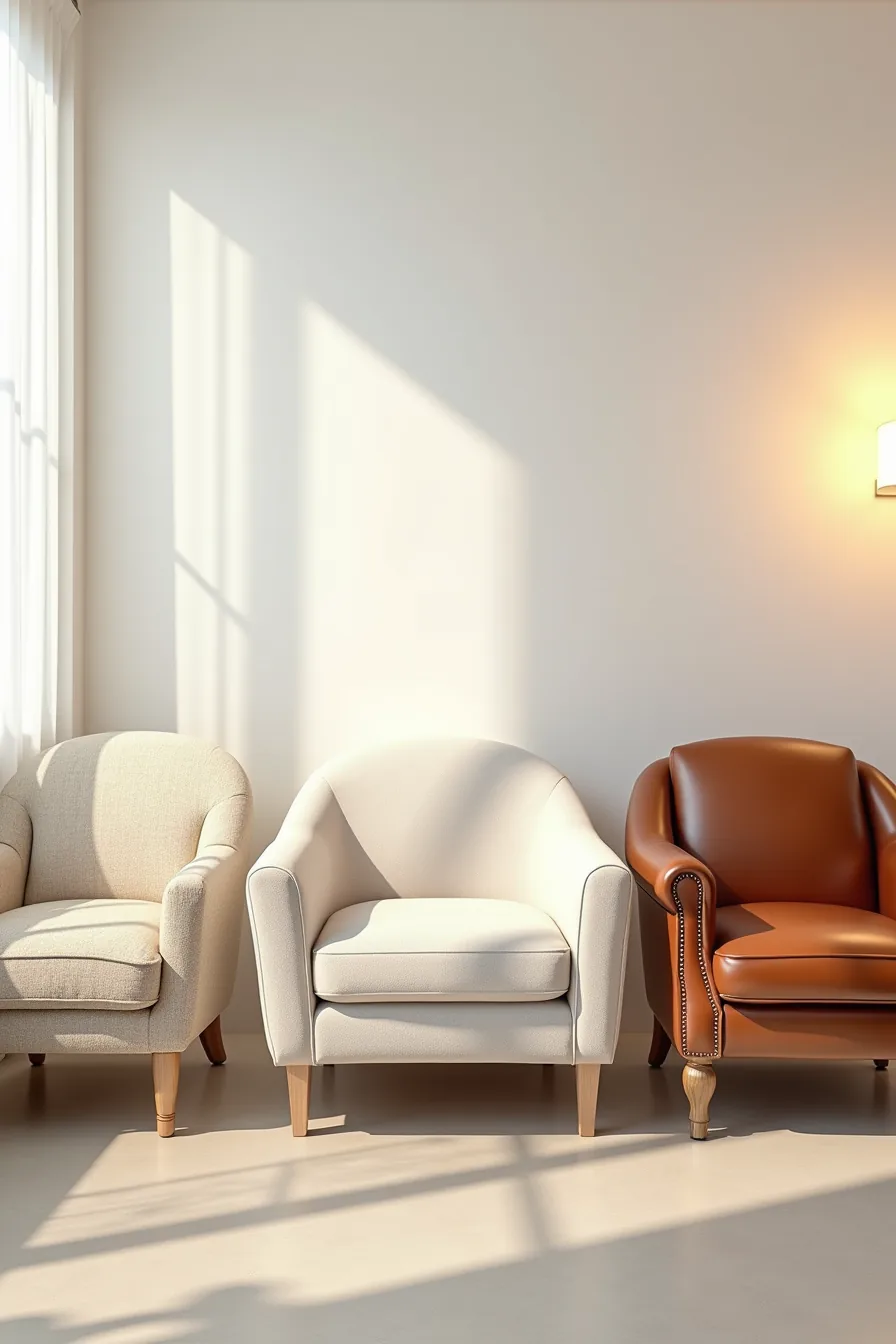 Three armchairs in a row showing fabric frame, slipcovered, and leather wingback styles side by side.