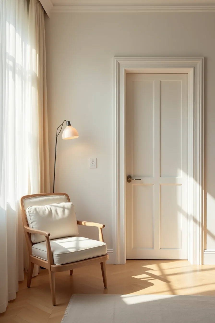 Armchair against side wall with clear floor space and unobstructed doorway visible behind.