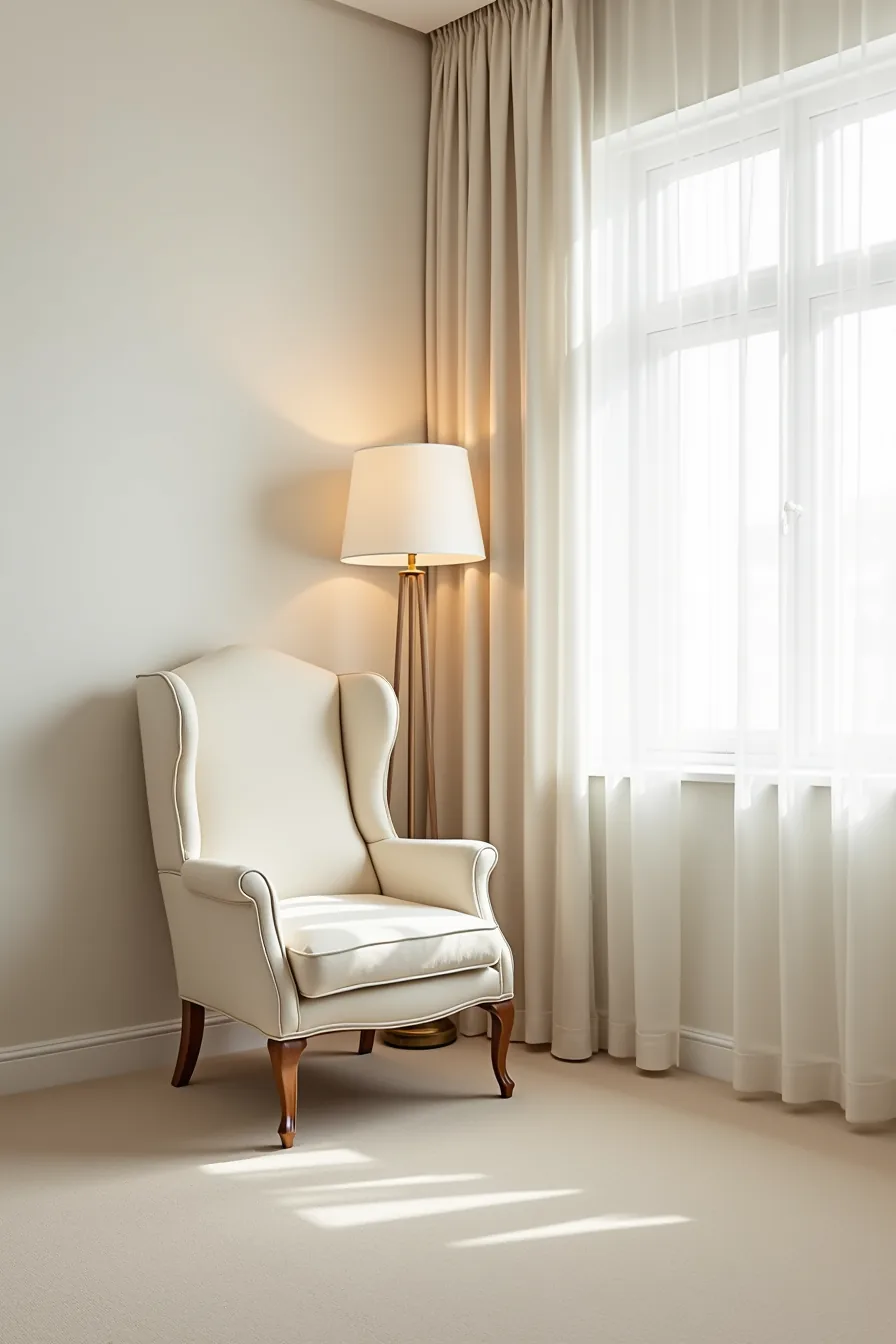 Wingback armchair angled toward window with floor lamp on neutral carpet, showing full chair base.