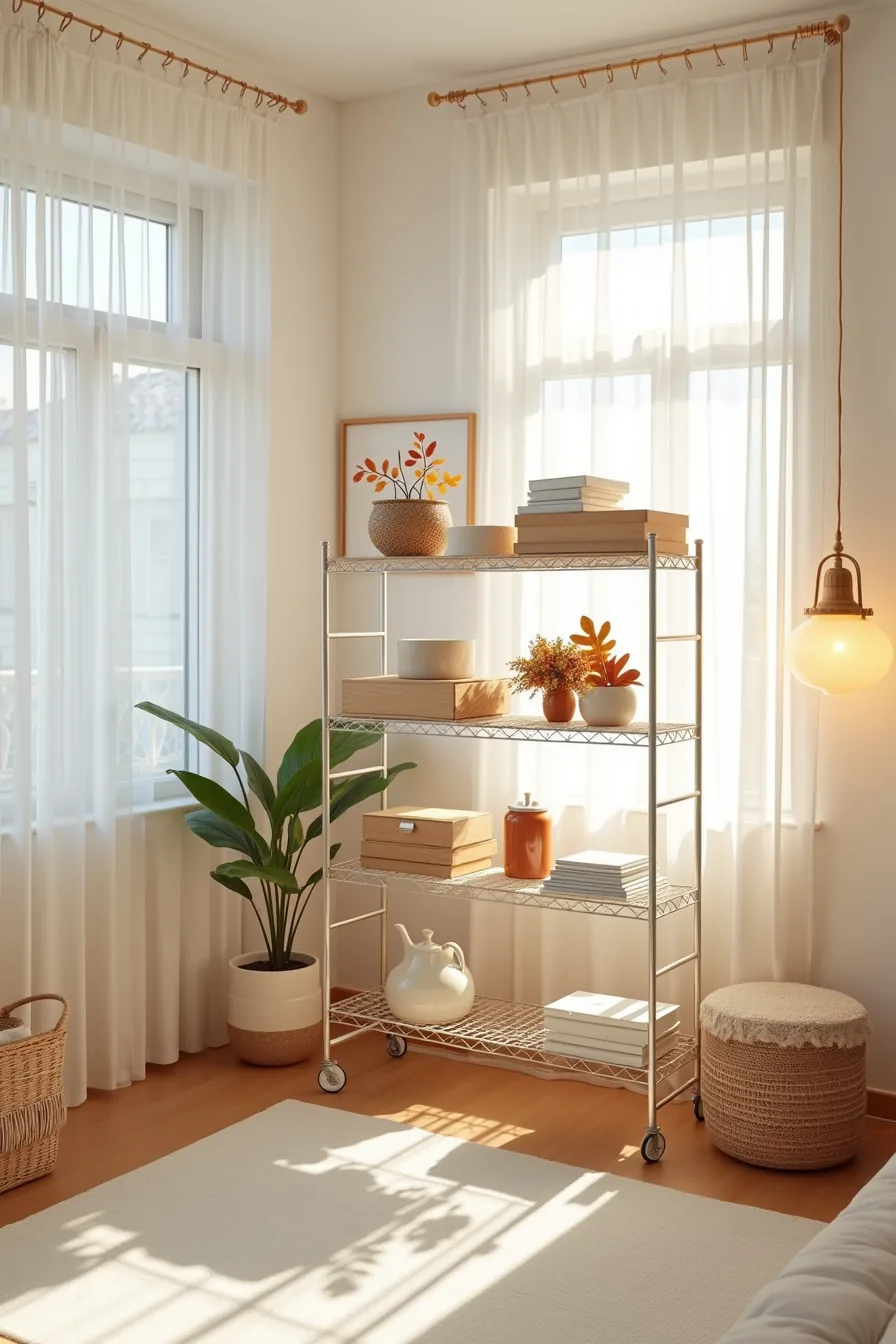 Wire racking system with adjustable shelves at different heights storing summer beach gear, autumn decorations, and winter