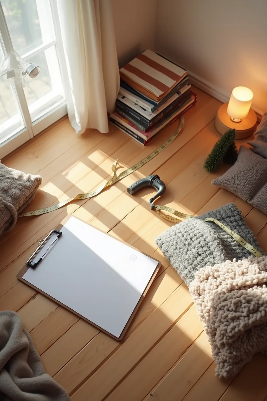 Overhead view of attic floor showing measuring tape, clipboard with checklist, pen, and organized piles of winter clothes