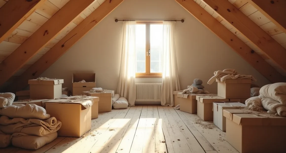 Sunlit attic with wooden beams, angled ceiling, and scattered cardboard boxes, plastic bins, and rolled textiles on the