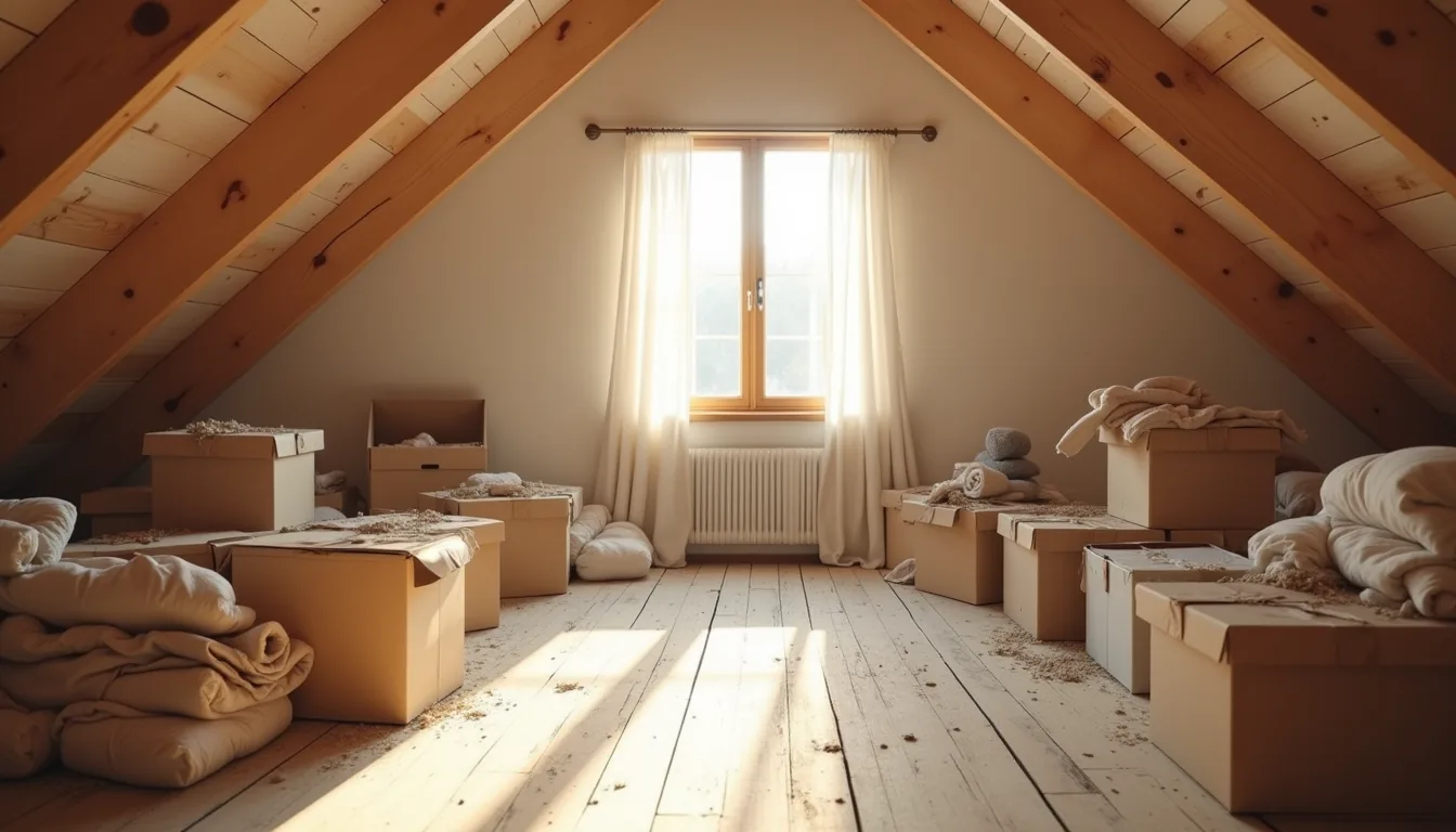 Sunlit attic with wooden beams, angled ceiling, and scattered cardboard boxes, plastic bins, and rolled textiles on the