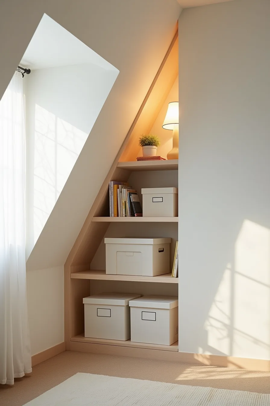 Custom angled shelf unit built into a triangular attic corner, holding labeled storage boxes and sealed containers within