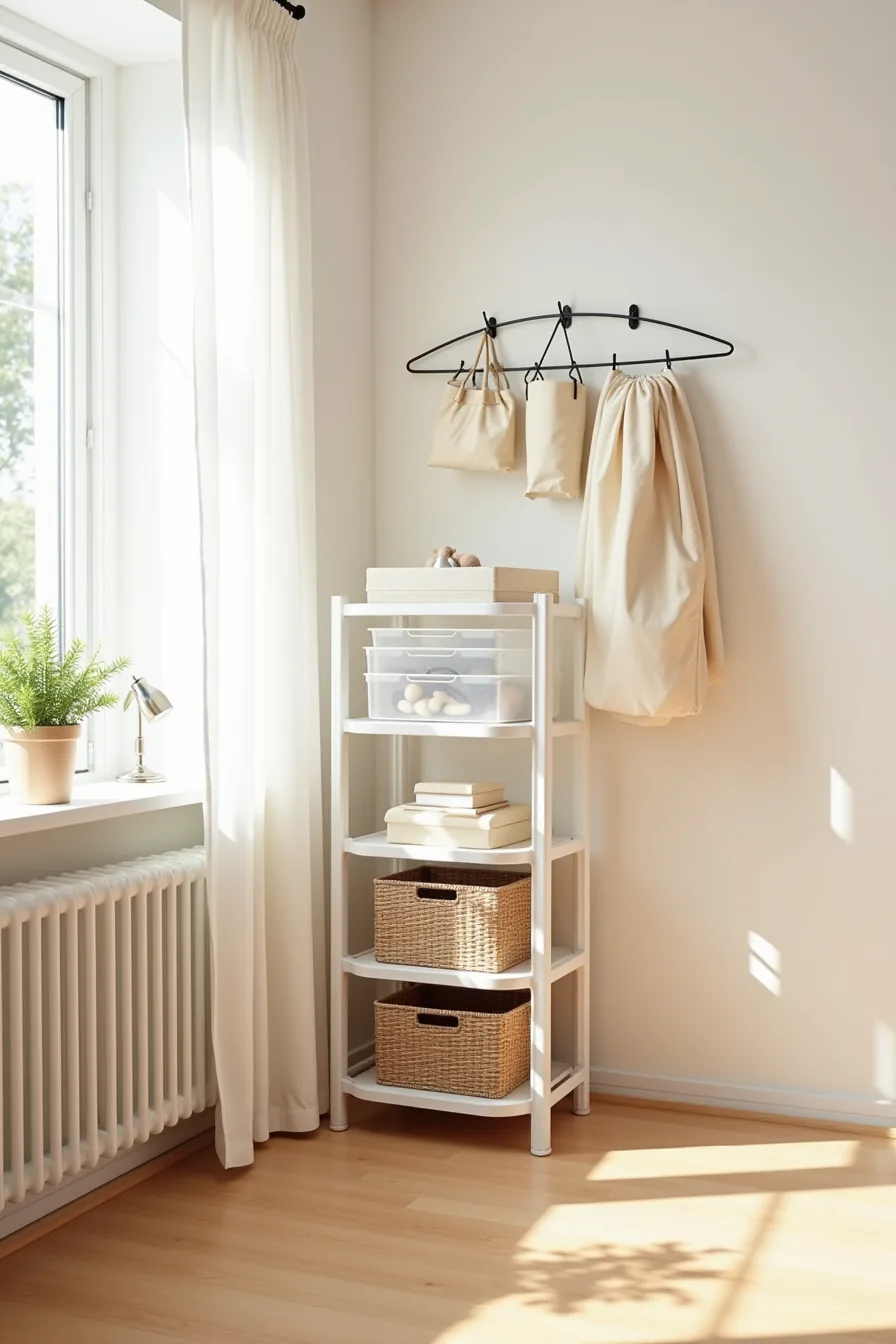 Freestanding plastic shelving unit with clear bins and woven baskets, topped with a tension rod holding fabric storage bags.