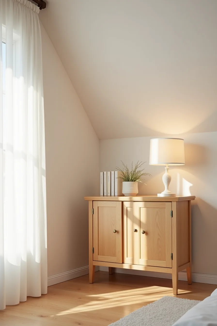 Low wooden cabinet with open doors fitted against an attic wall under a sloped ceiling, with wooden floor in foreground.