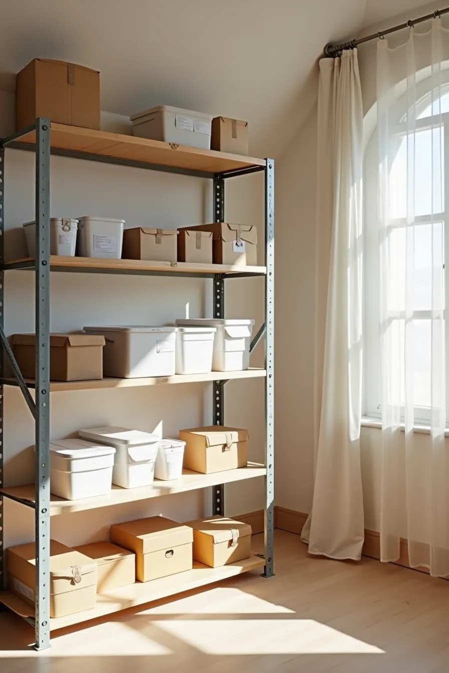 Metal shelving unit mounted to attic rafters with four shelves holding stacked plastic bins and sealed boxes beneath a