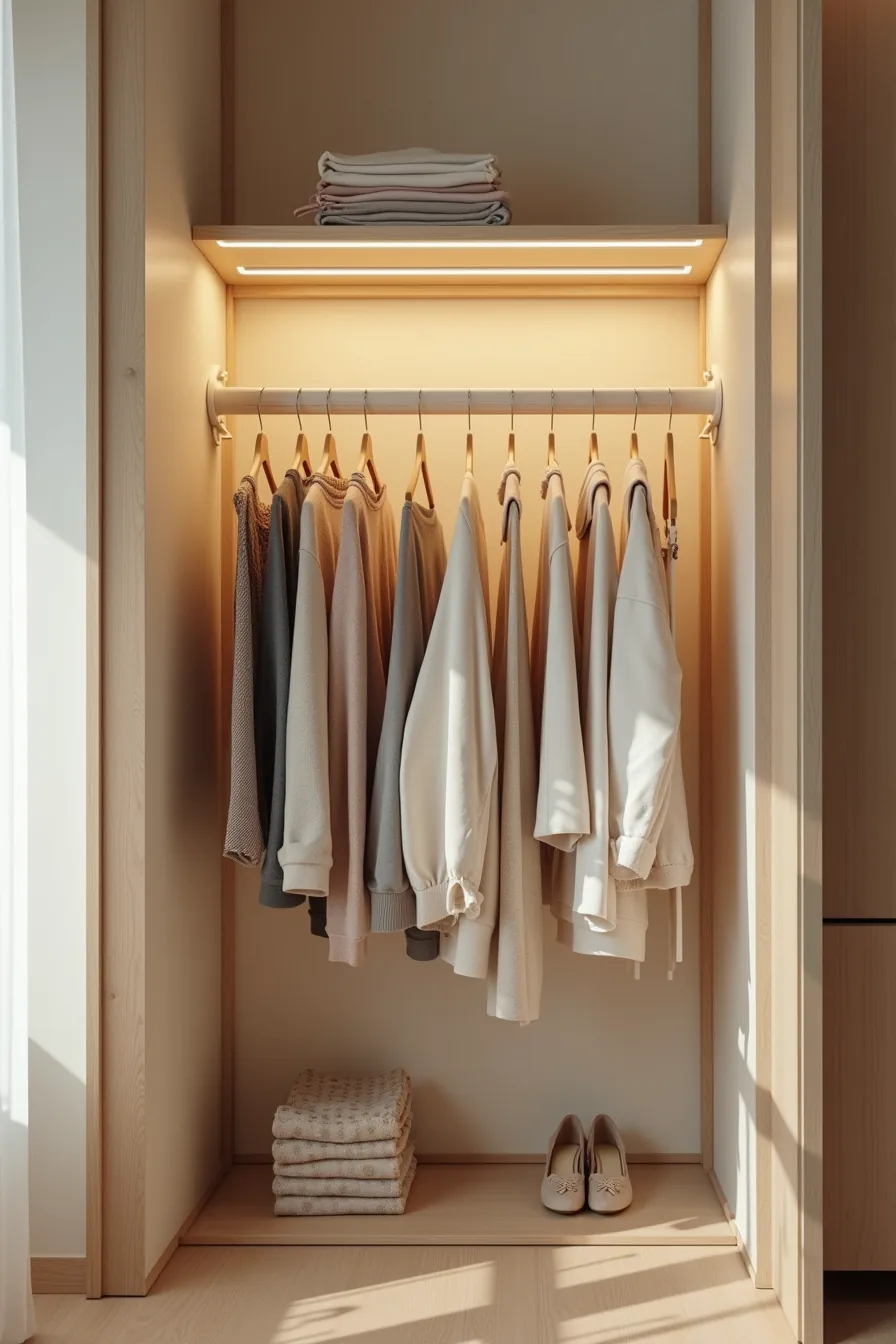 Overcrowded closet with jammed hangers, sagging shelf, water stain, and haphazardly folded garments.