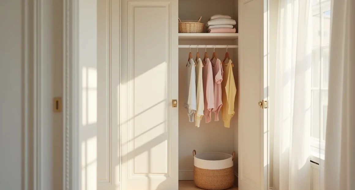 Open pastel closet with child-height rod holding small hangers, shelf of folded sweaters, and woven basket on floor.