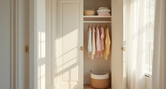 Open pastel closet with child-height rod holding small hangers, shelf of folded sweaters, and woven basket on floor.